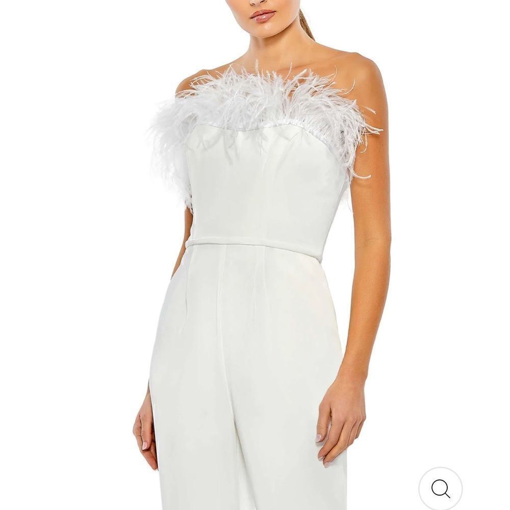 Mac Duggal Strapless Jumpsuit With Feather Trim Size 6 NWT Retail $398